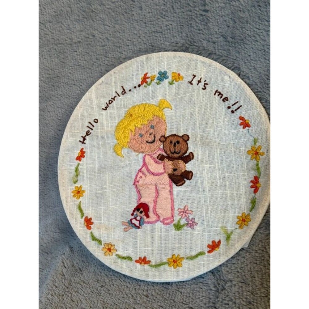 Vintage Completed Embroidery Hello World Its Me Baby Girl  Wall Art( flaw)